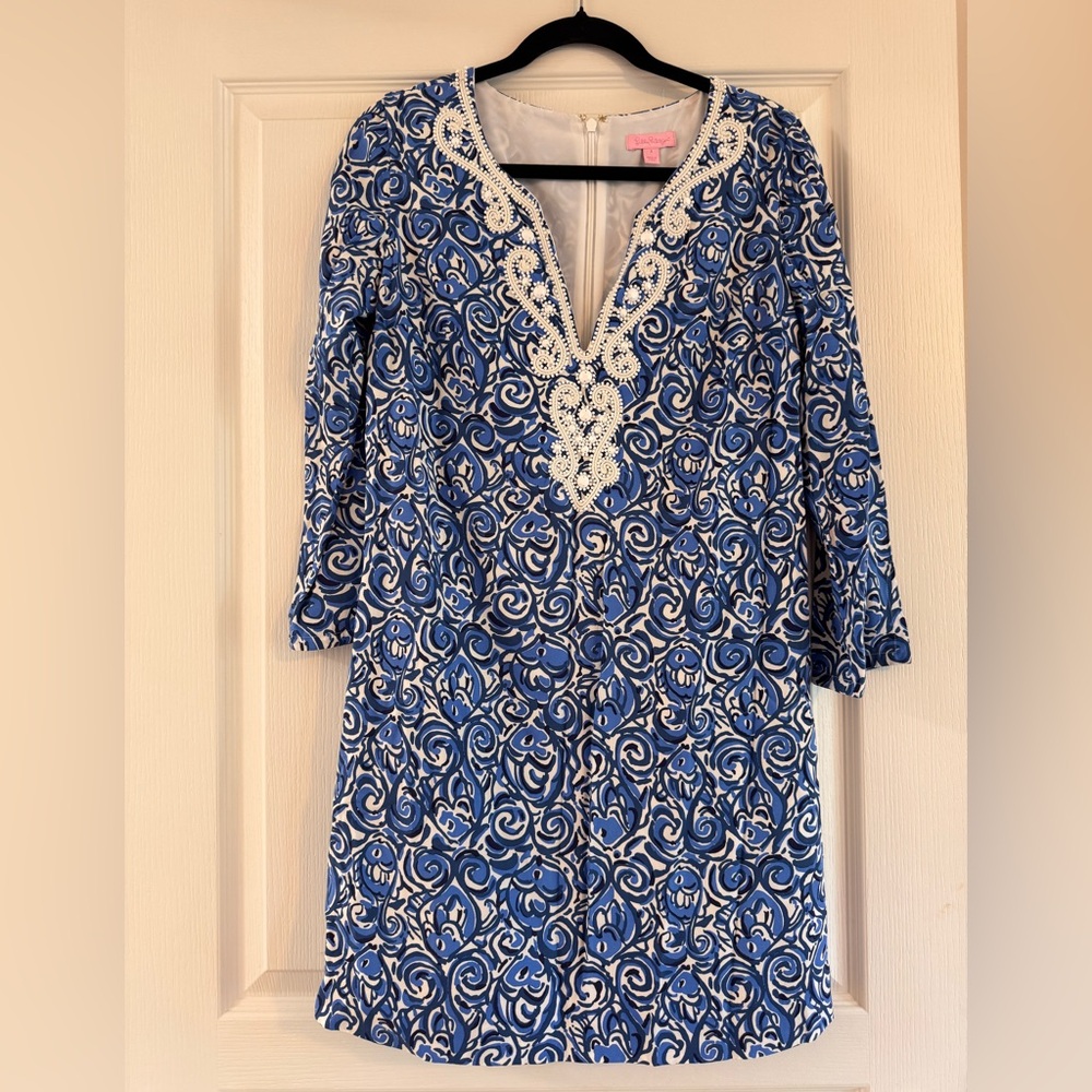 Lilly Pulitzer - Blue and White Patterned Dress with beautiful beading detail.
